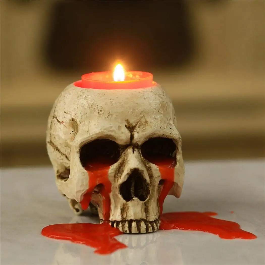 Black resin skull tea light holder, gothic Halloween decor, real product photo