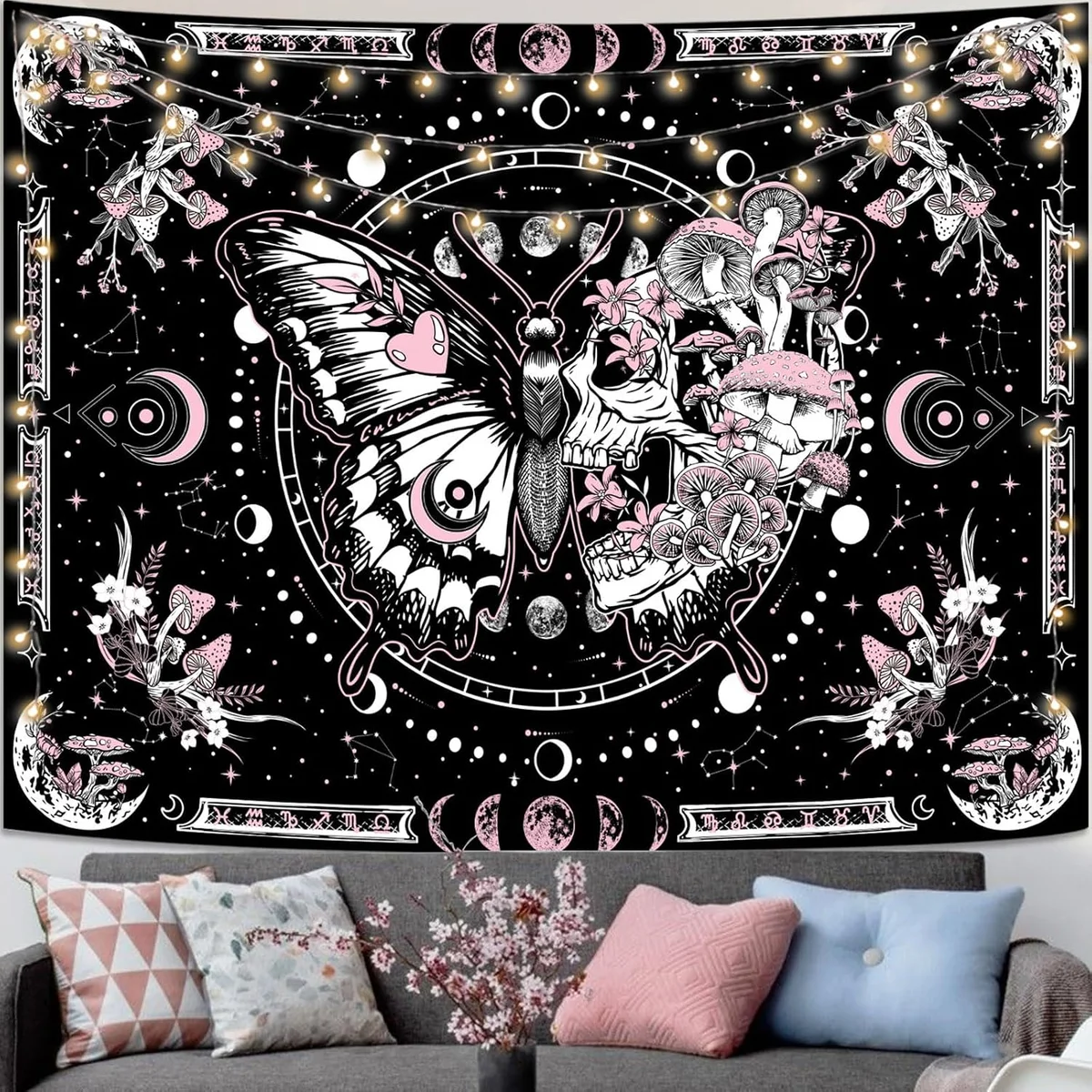 Skeleton butterfly tapestry with pink skulls, mushroom and moon phase motifs, printed fabric wall hanging, product photo