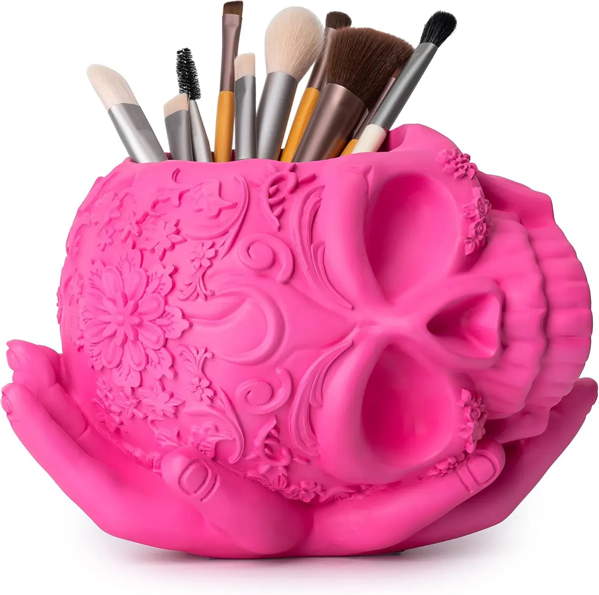 Skull on Hand Planter and Candy Bowl in pink resin, real product photo