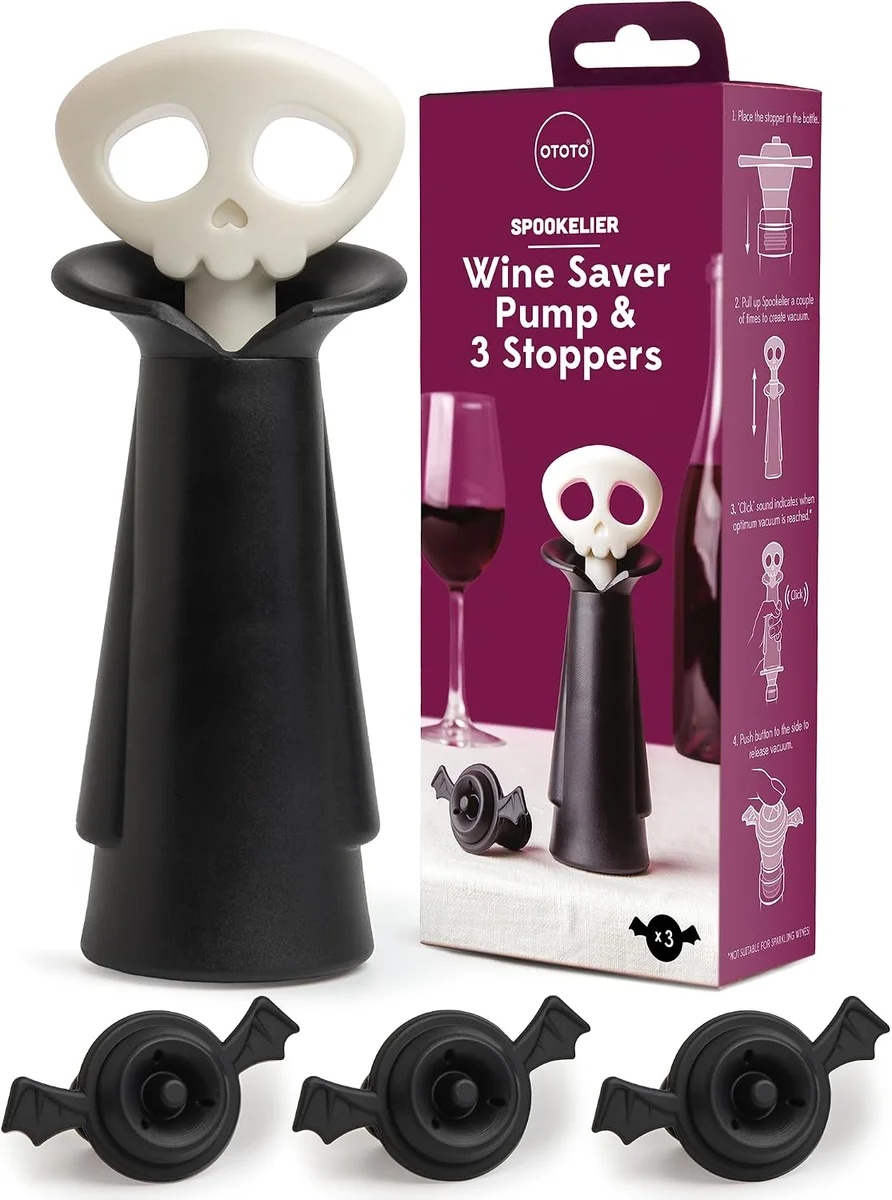 Skull-shaped wine pump and stopper set in soft silicone, gothic novelty kitchen gadget