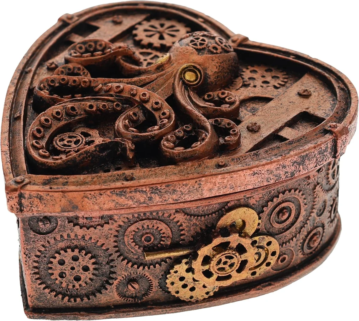 Small heart-shaped trinket stash box with a sculpted octopus wrapped across the lid, finished in rustic copper, steampunk gothic decor figurine