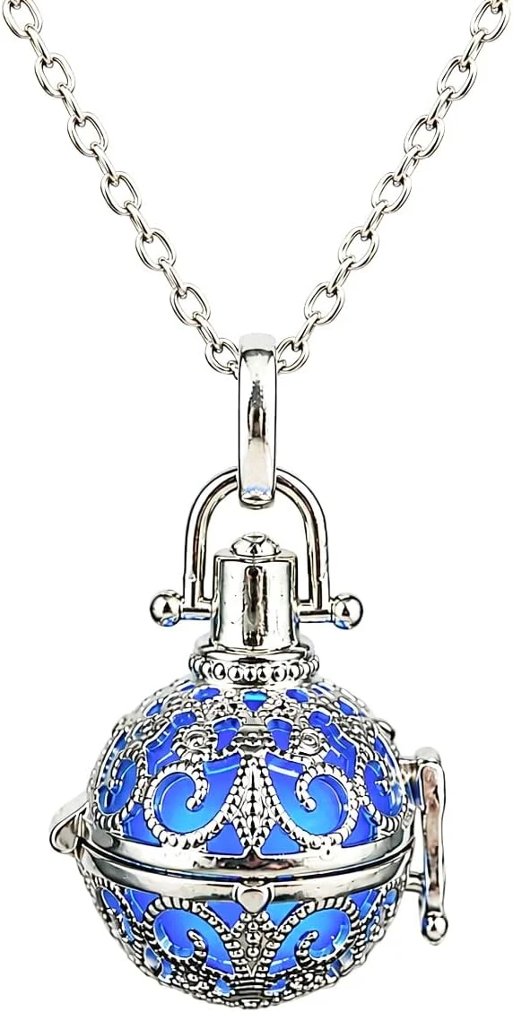 Steampunk orb fire necklace with a blue-glow orb pendant set in a locket-format housing on a chain