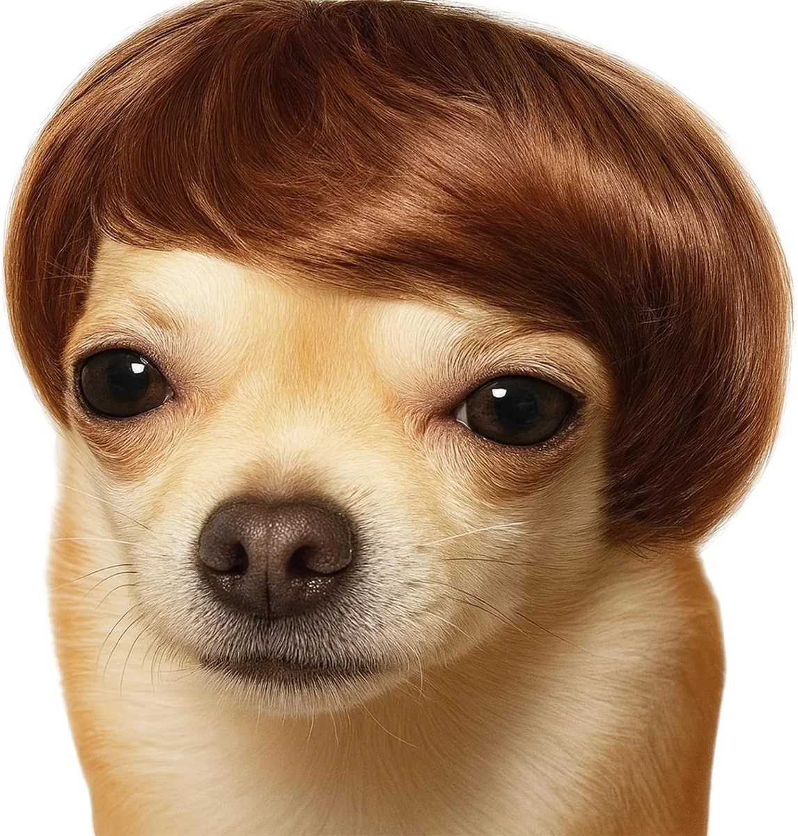 Synthetic pet wig sized for small dogs and cats, Variant A of a Halloween and Christmas party costume headwear series — doll-fiber hairpiece for pet novelty use