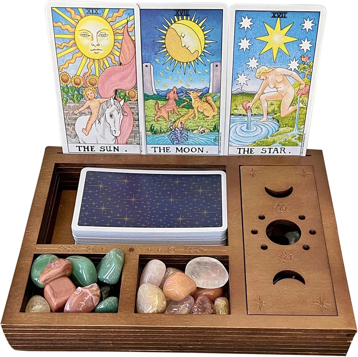 Tarot card holder stand with decorative altar display for tarot deck and small crystals