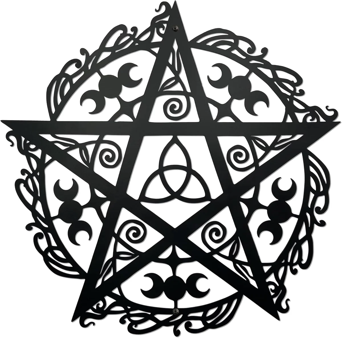 Black iron wall sculpture combining a triple moon design with a pentagram set inside the full-moon disc