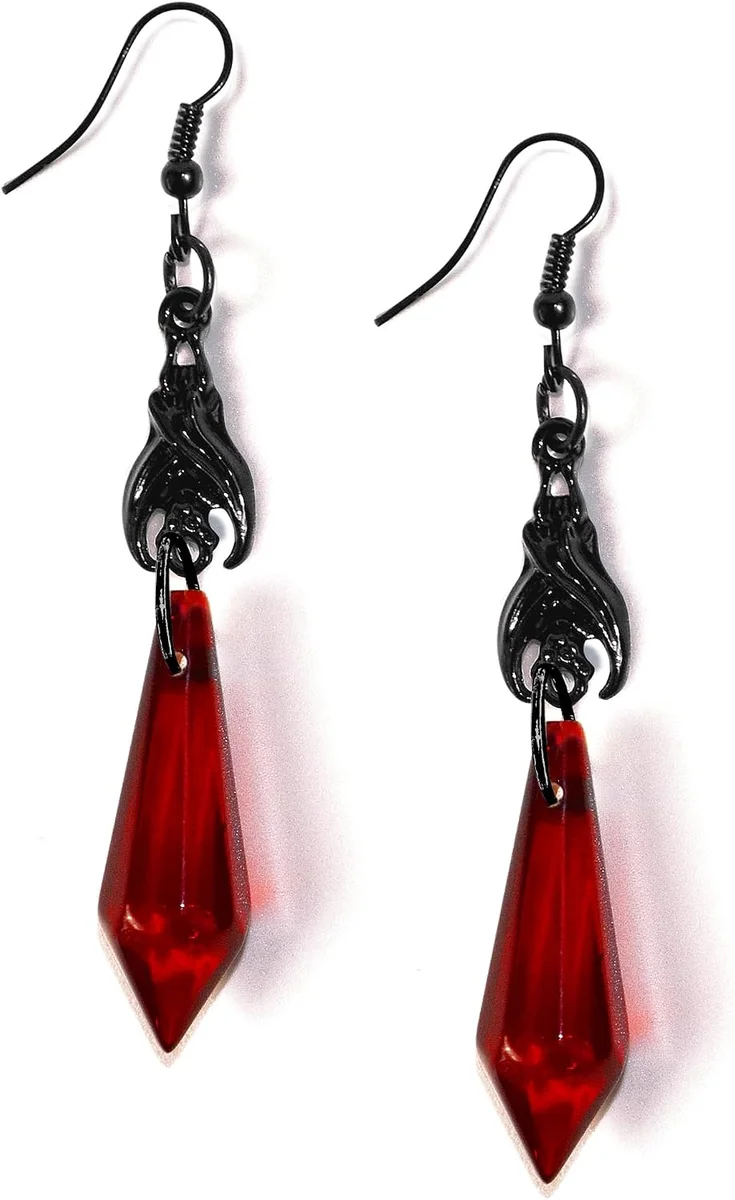 Black and red gothic vampire bat dangle earrings with crystal gem accents