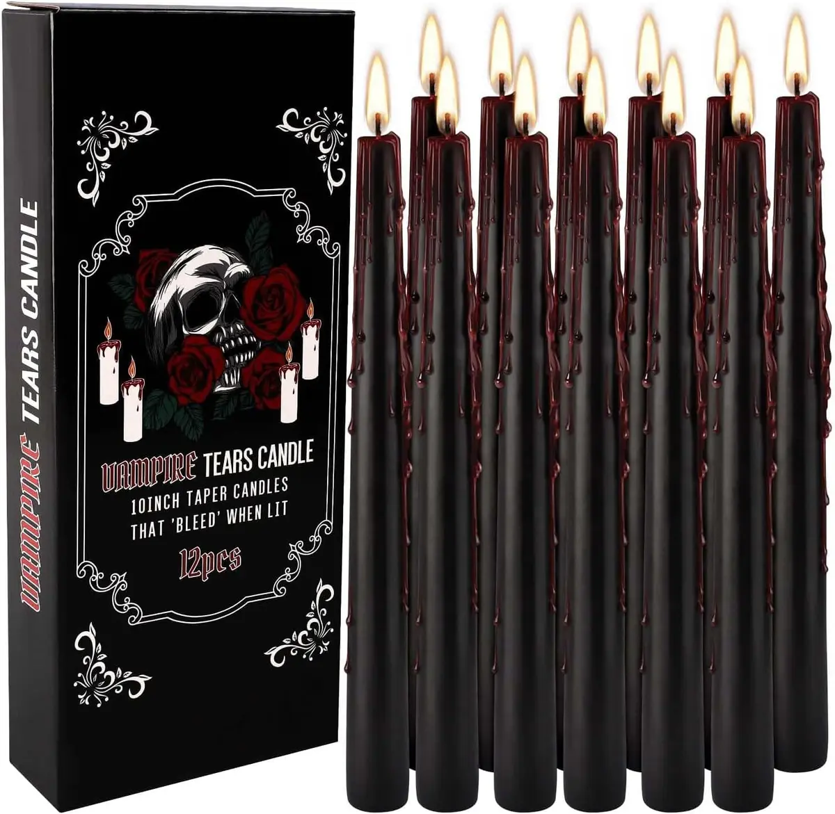 12-pack of 10-inch black bleeding taper candles with dripping wax effect, gothic ritual and Halloween decor, real product photo