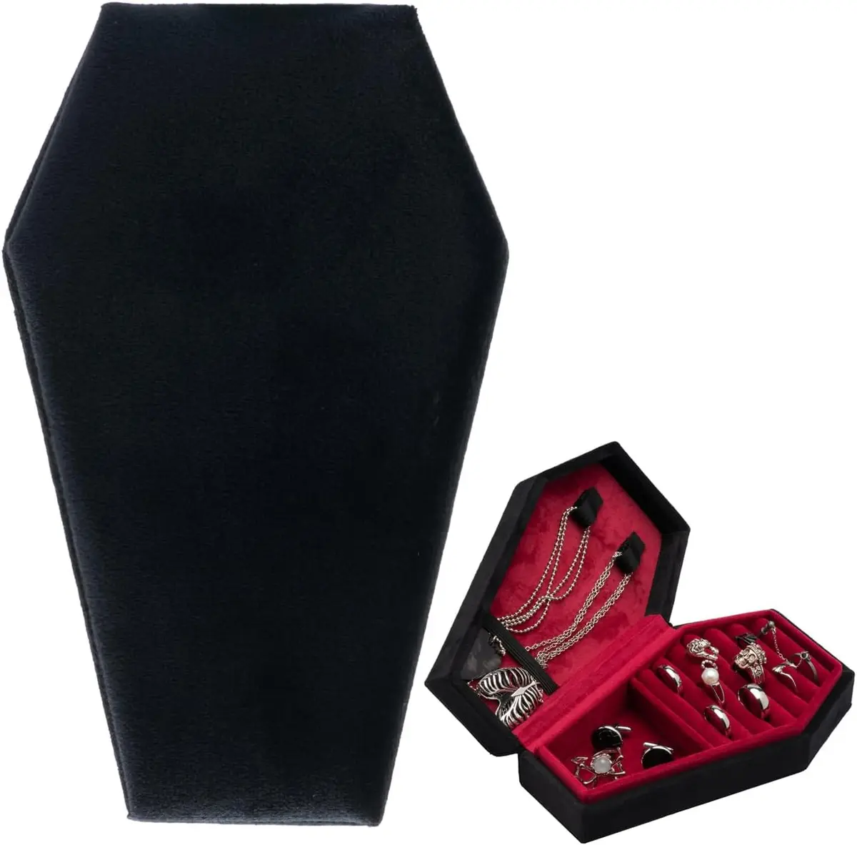 Black and red velvet coffin-shaped jewelry travel case, gothic wedding decor, real product photo