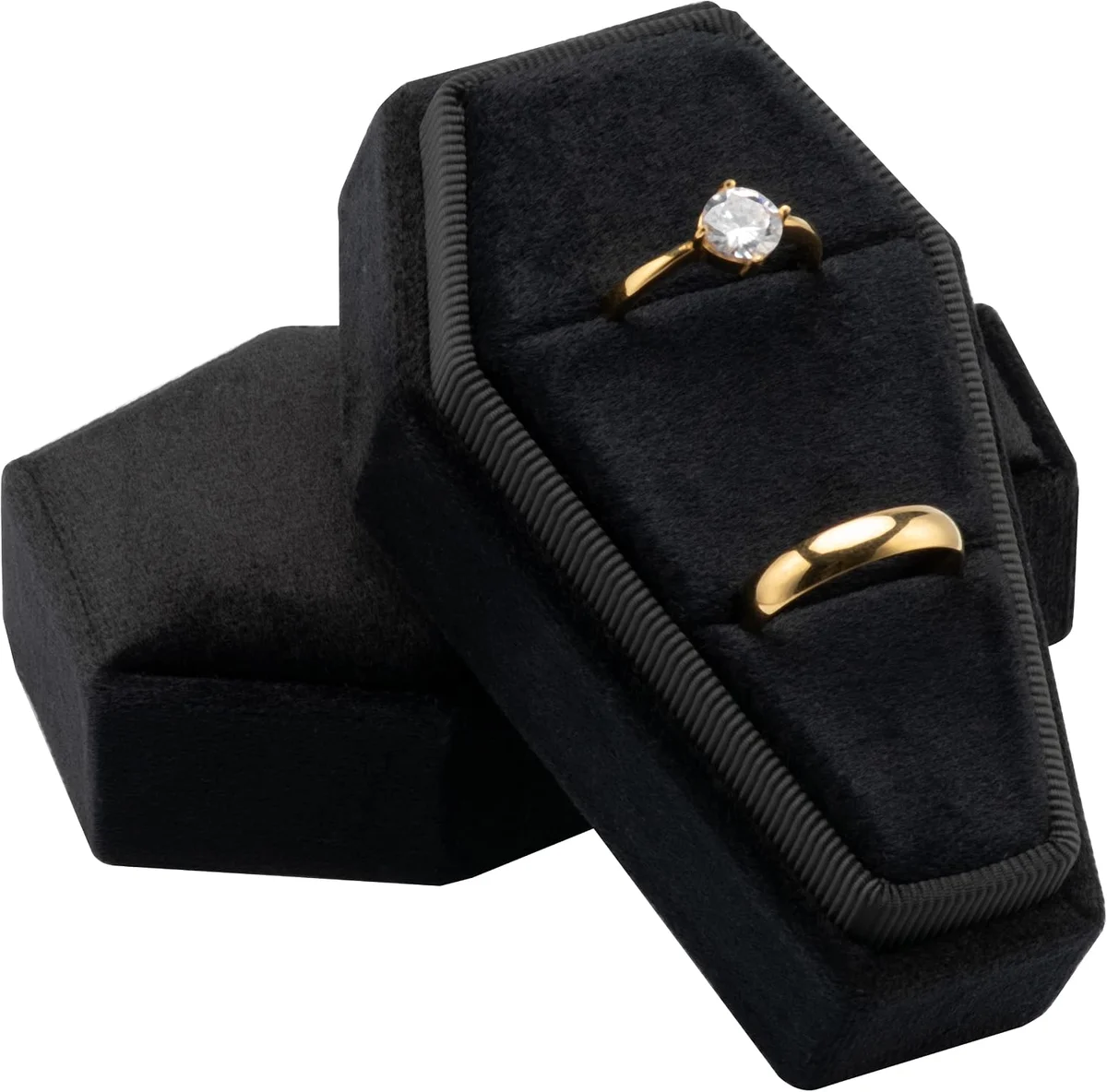 Black velvet coffin-shaped ring box for gothic wedding ceremony, real product photo