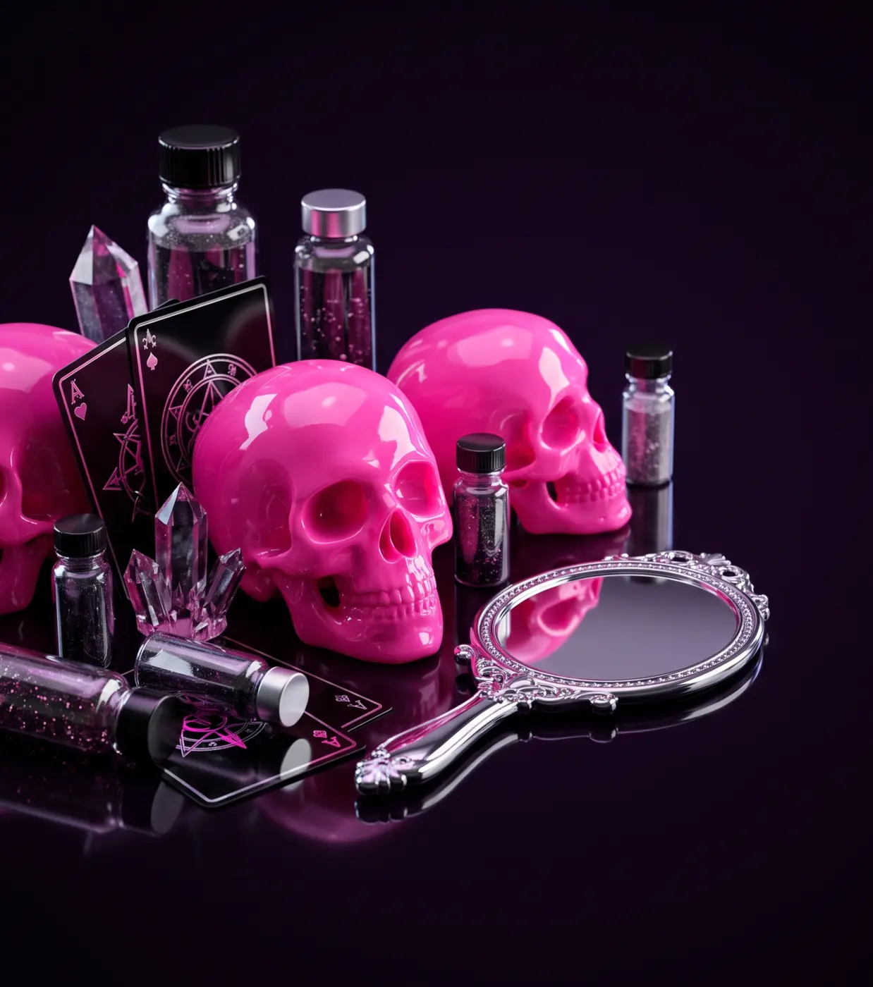 A collector's arrangement of glossy pink skulls, glass vials, crystals, playing cards, and a chrome mirror on a black-purple surface